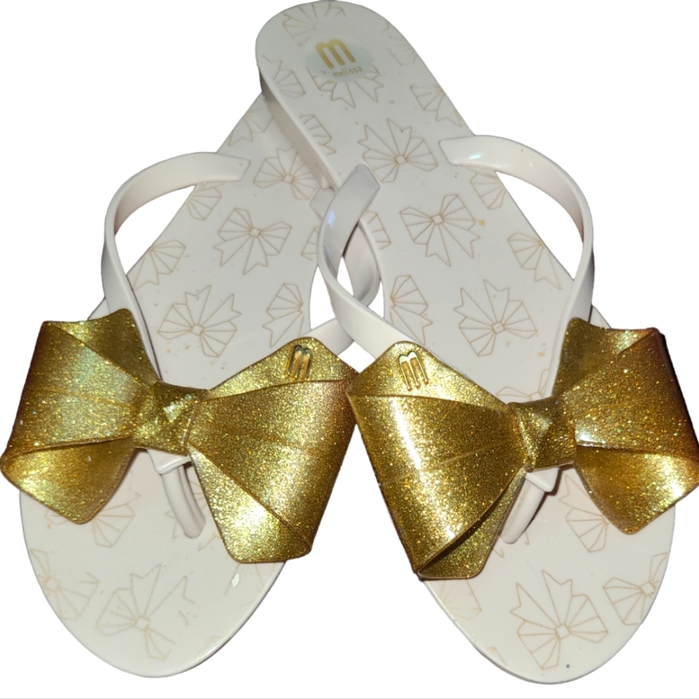 Melissa Jelly Glitter Gold Bow & Cream Sandal Woman's Size 8
